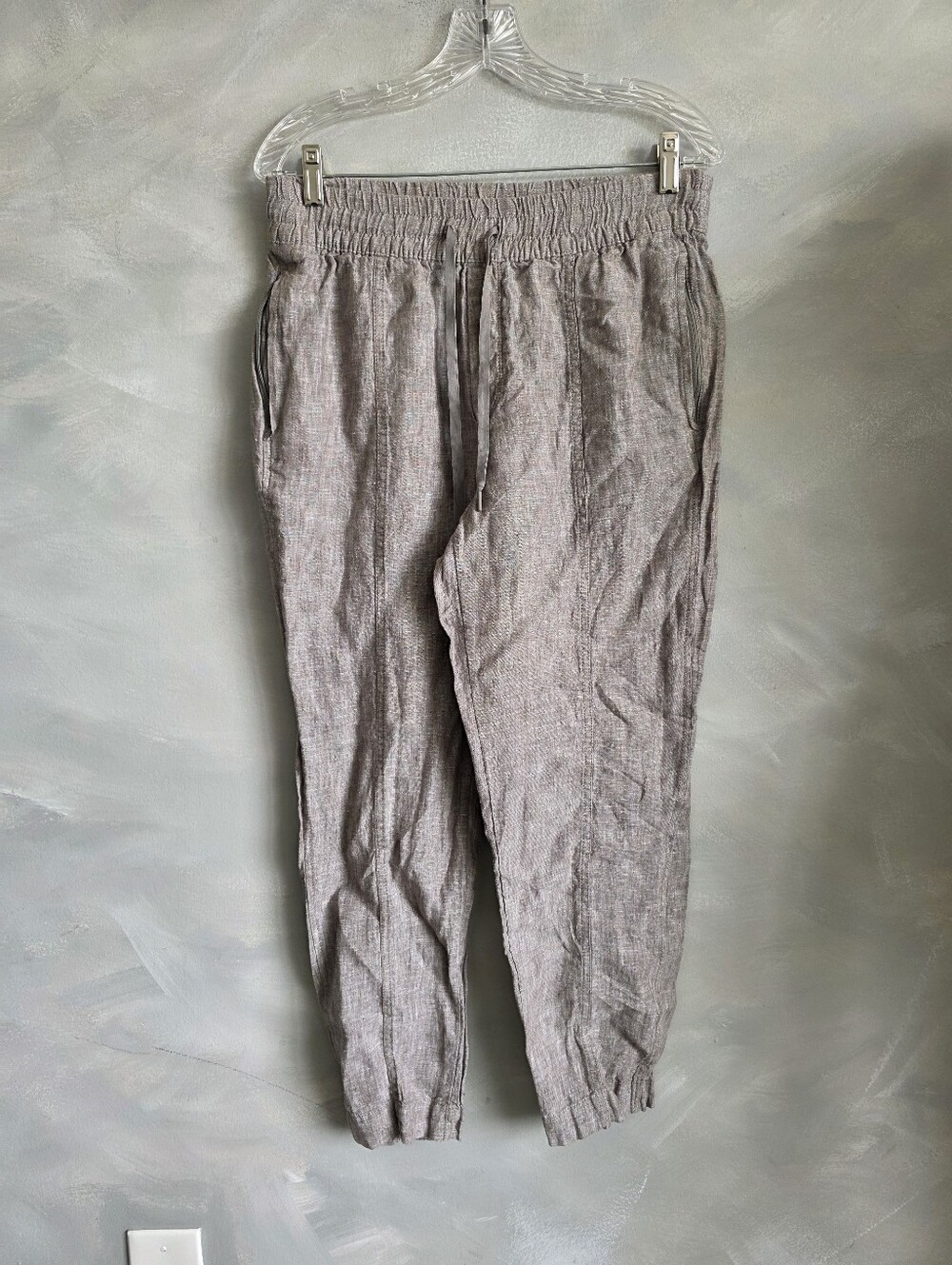 Athleta Linen Taper Ankle Pants Brown Drawstring Sz S Pull On